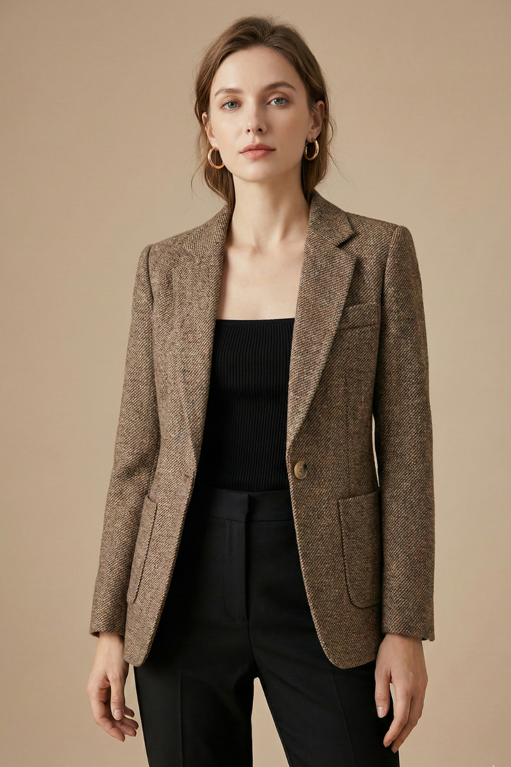 Women’s Tailored Single-Button Blazer with Notched Lapels and Patch Pockets