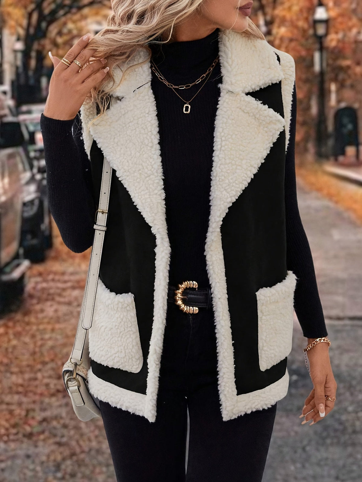 Open Front Vest with Plush Lining and Lapel Collar, Dual Pockets