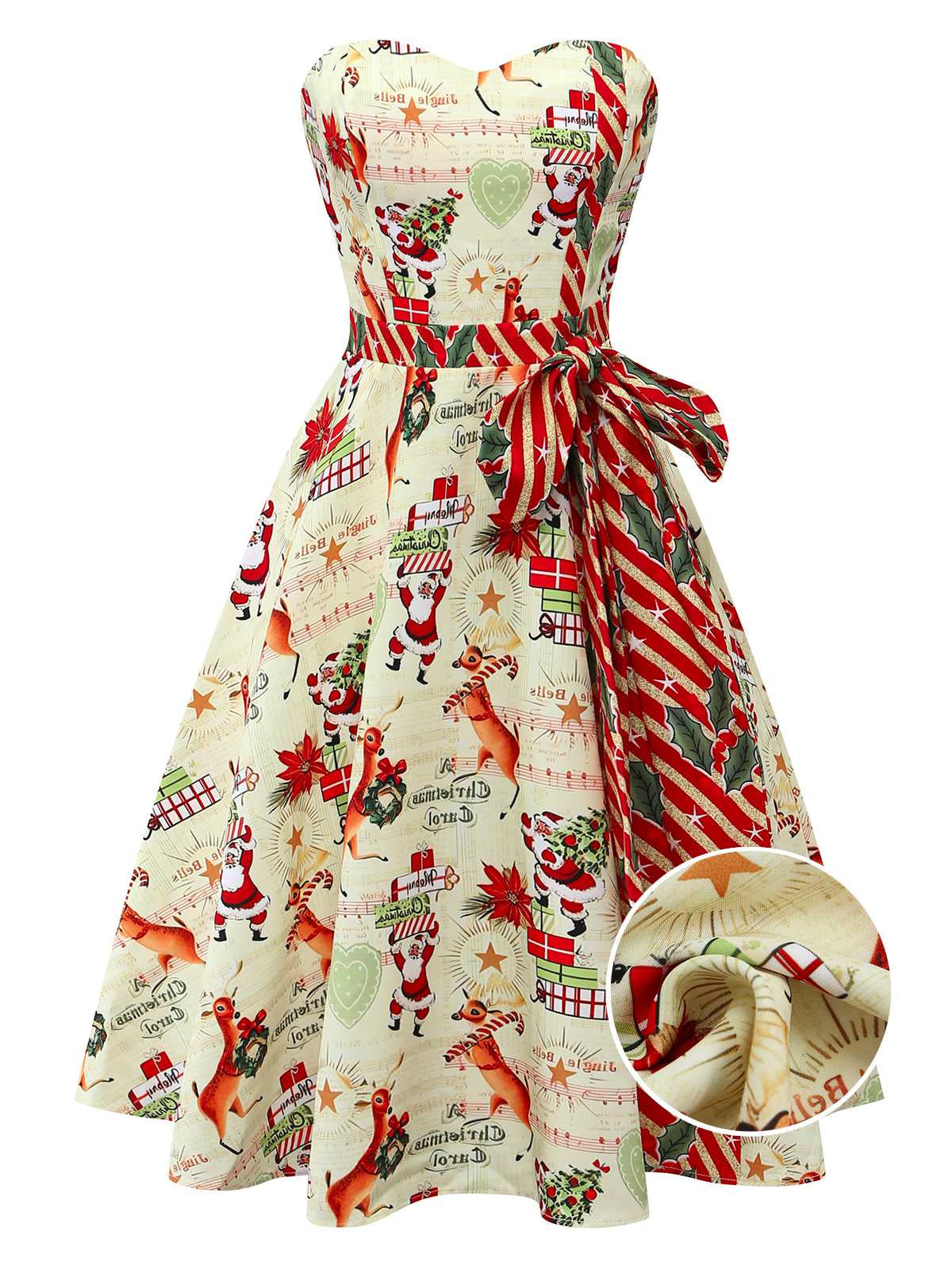 1950s Christmas Candy Cane Santa Bow Strapless Dress - vintage dress, retro fashion, rockabilly