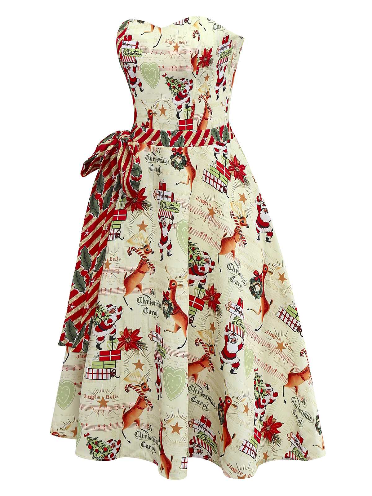 1950s Christmas Candy Cane Santa Bow Strapless Dress - vintage dress, retro fashion, rockabilly