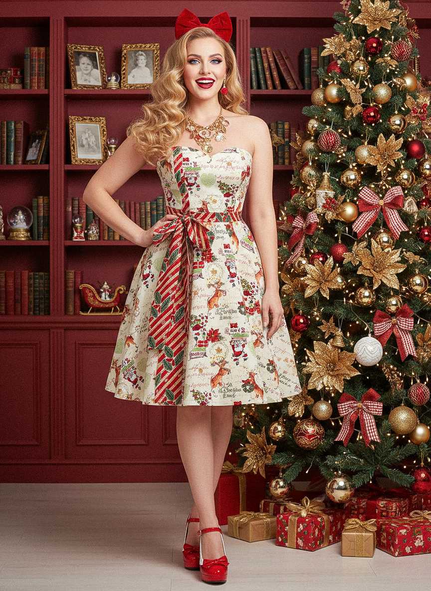 1950s Christmas Candy Cane Santa Bow Strapless Dress - vintage dress, retro fashion, rockabilly