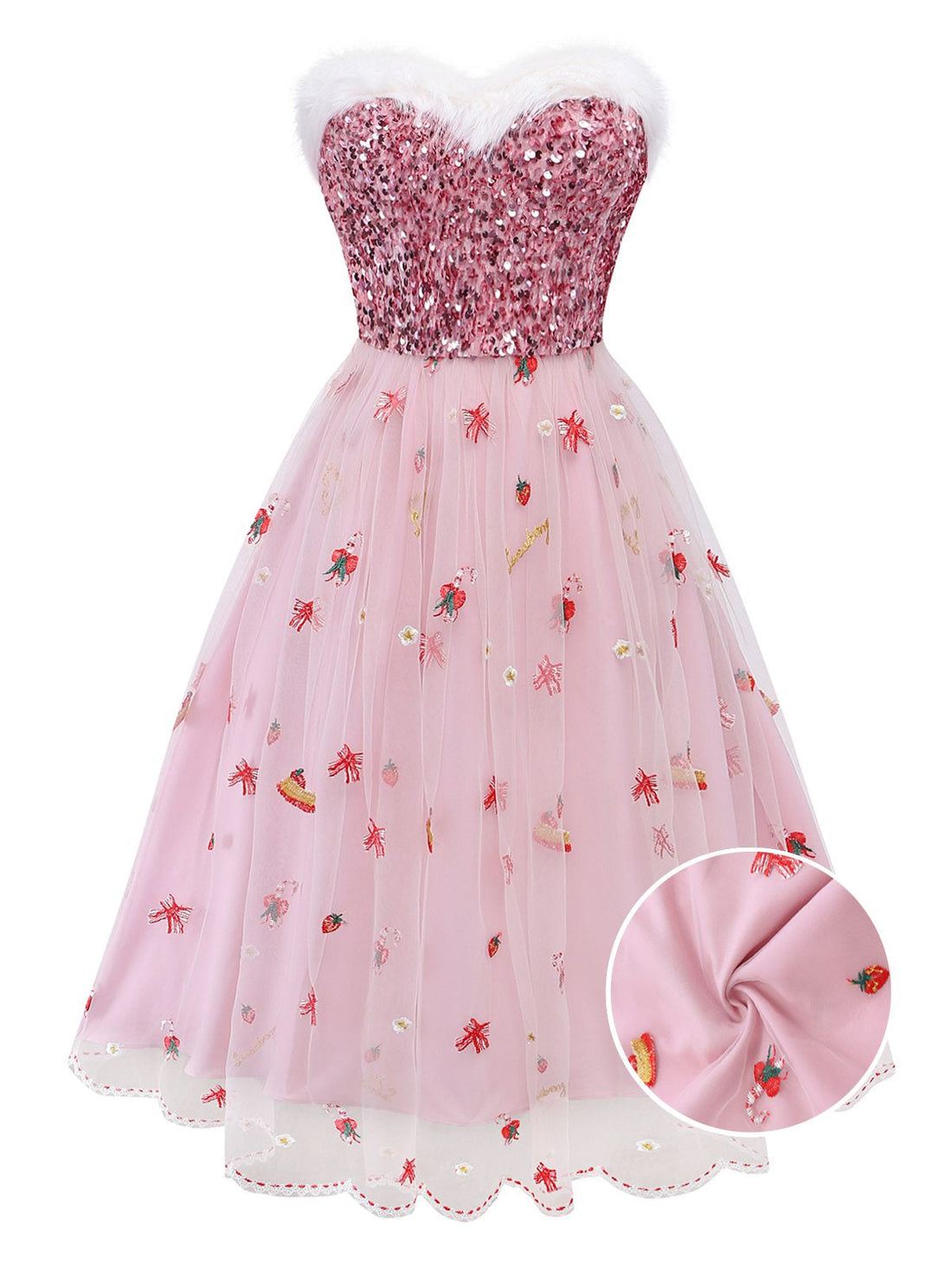 Pink 1950s Christmas Furry Strapless Sequined Mesh Dress - vintage dress, retro fashion, rockabilly