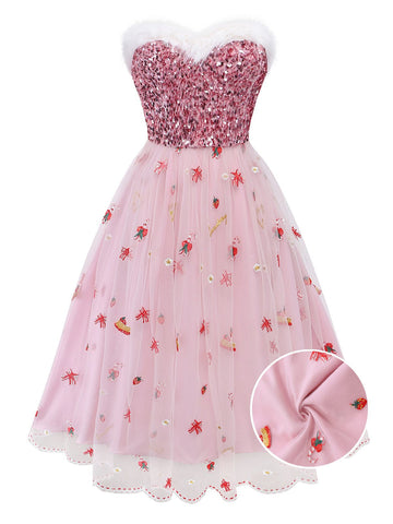 Pink 1950s Christmas Furry Strapless Sequined Mesh Dress - vintage dress, retro fashion, rockabilly