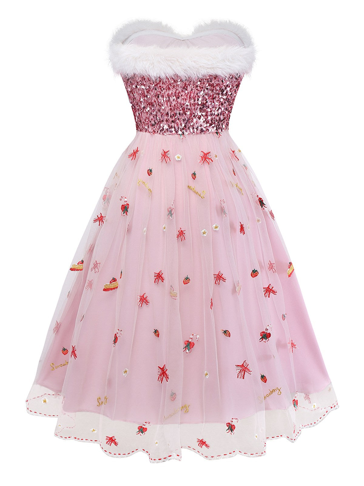 Pink 1950s Christmas Furry Strapless Sequined Mesh Dress - vintage dress, retro fashion, rockabilly