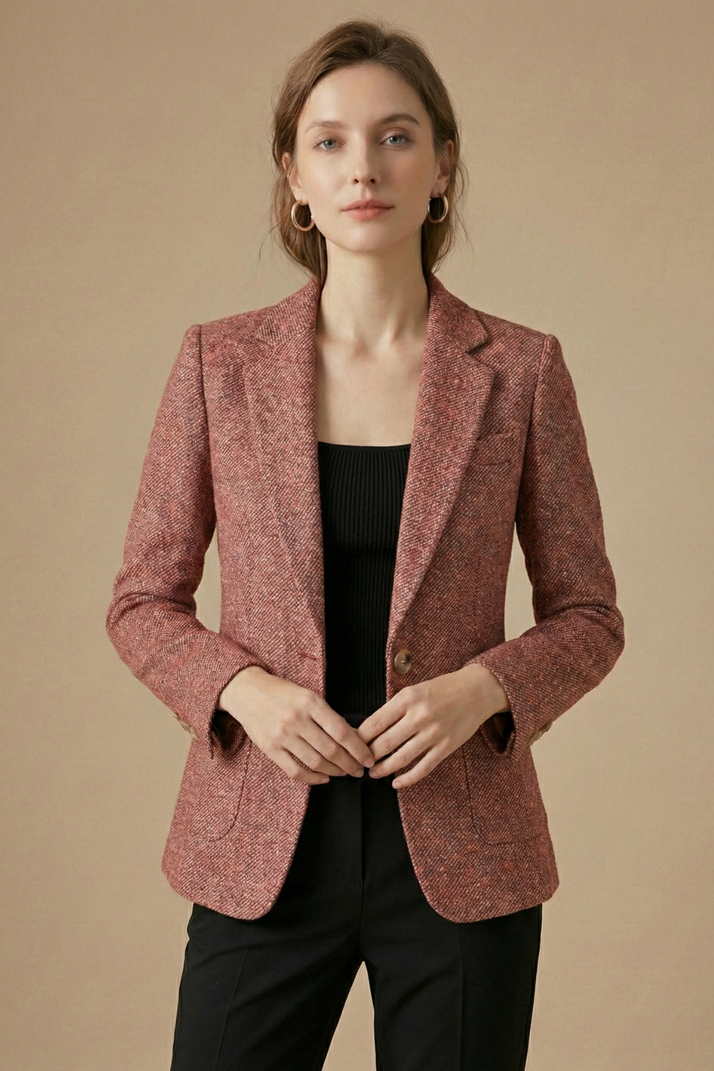 Women’s Tailored Single-Button Blazer with Notched Lapels and Patch Pockets