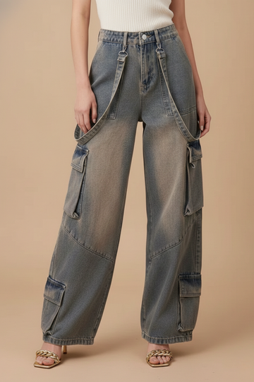 Damen Weite Hose mit Cargo-Taschen und Riemendetails