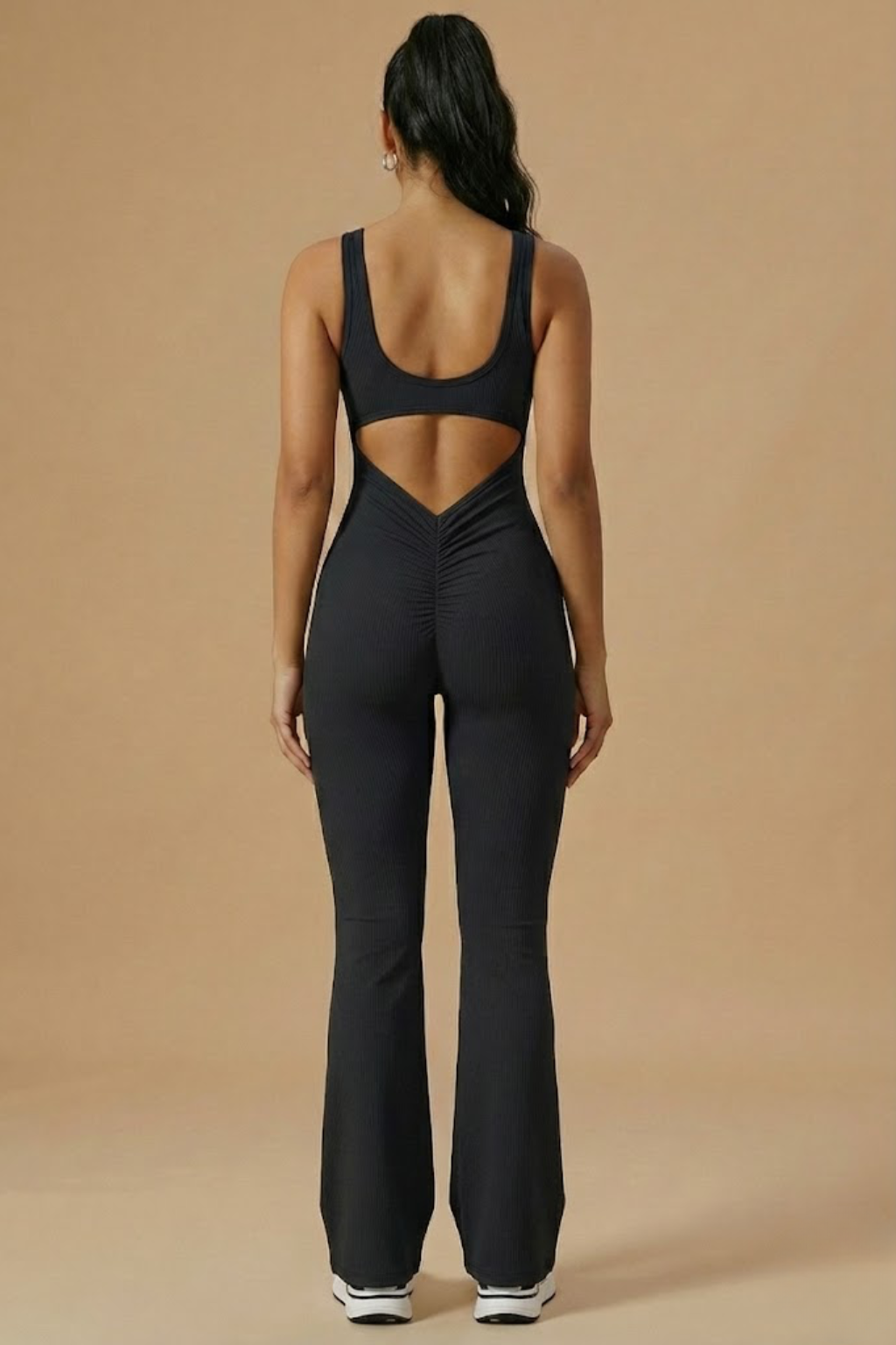 Women’s V-Back Sleeveless Flared Bodysuit – Sculpted Silhouette with Wide-Leg Finish