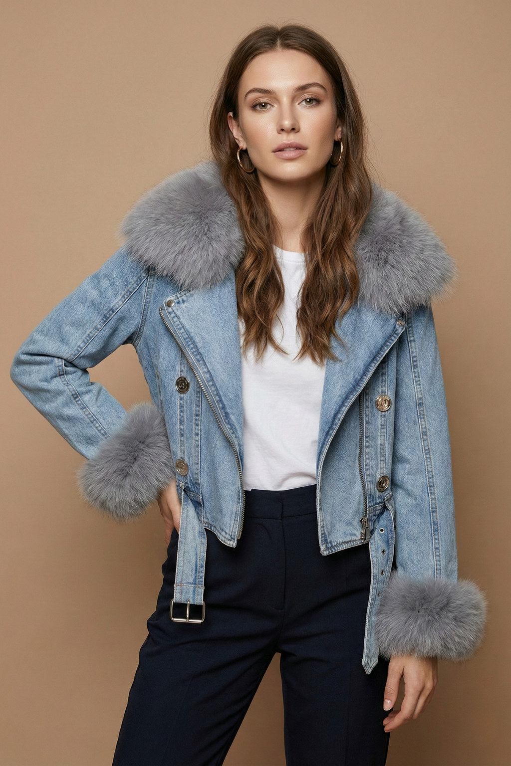 Women’s Cropped Denim Jacket with Plush Trim and Zip Front