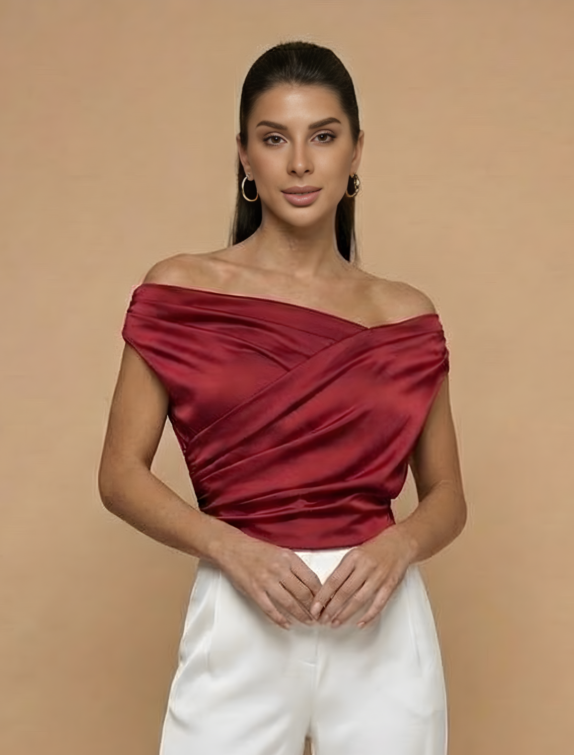 Women’s Draped Off-Shoulder Top - Sculpted Waist - Elegant Sleeveless Design - Refined Evening-to-Event Style