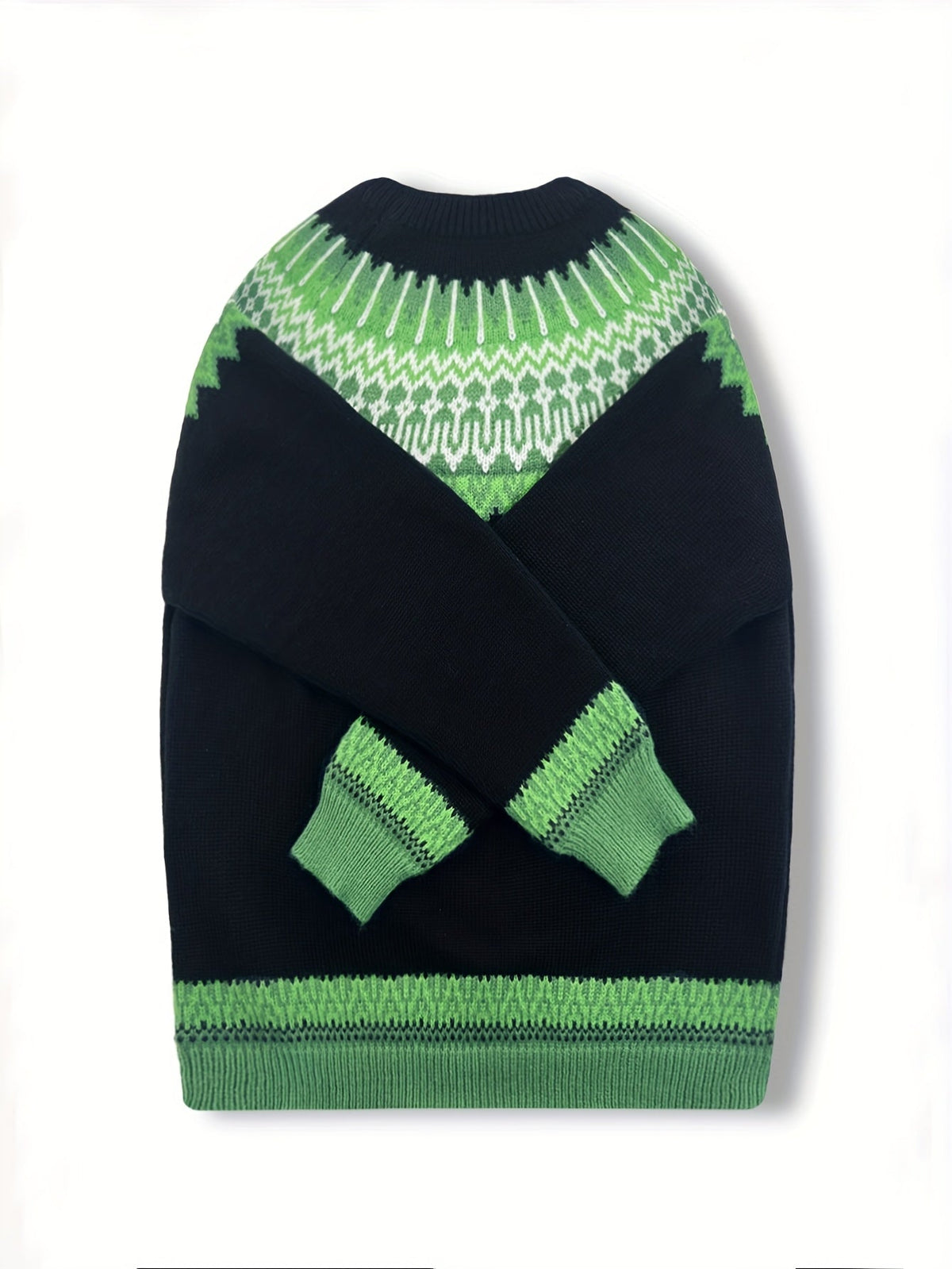 Chunky Knit Sweater with Jacquard Weave Pattern and Round Neck, Hip Length