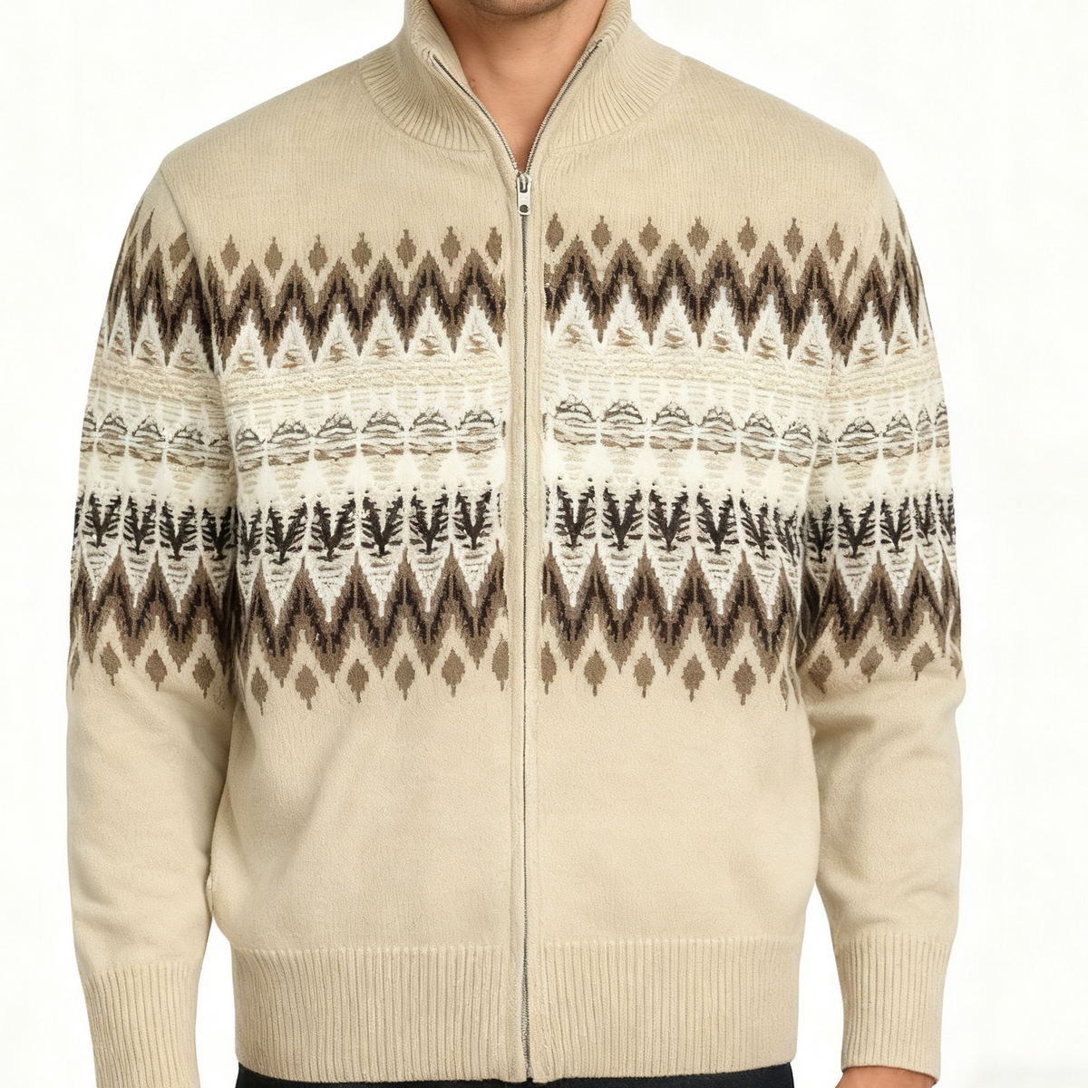 Fair Isle Zip Cardigan with High Collar and Thick Knit, Geometric Pattern