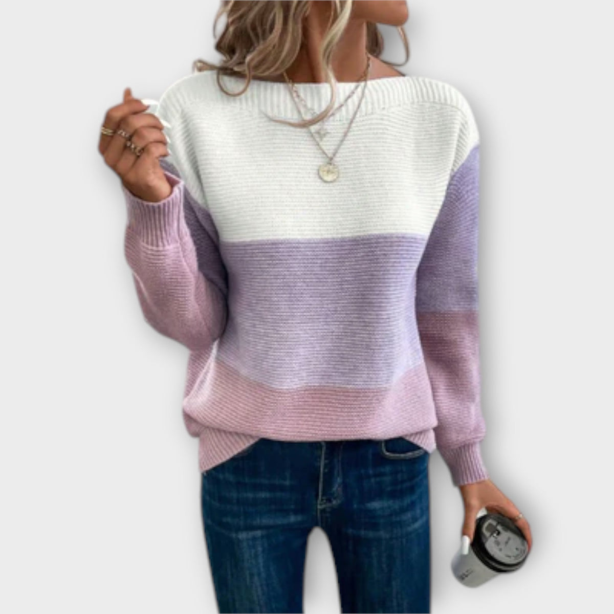 Women's Color Block Sweater with Ribbed Texture and Round Neckline