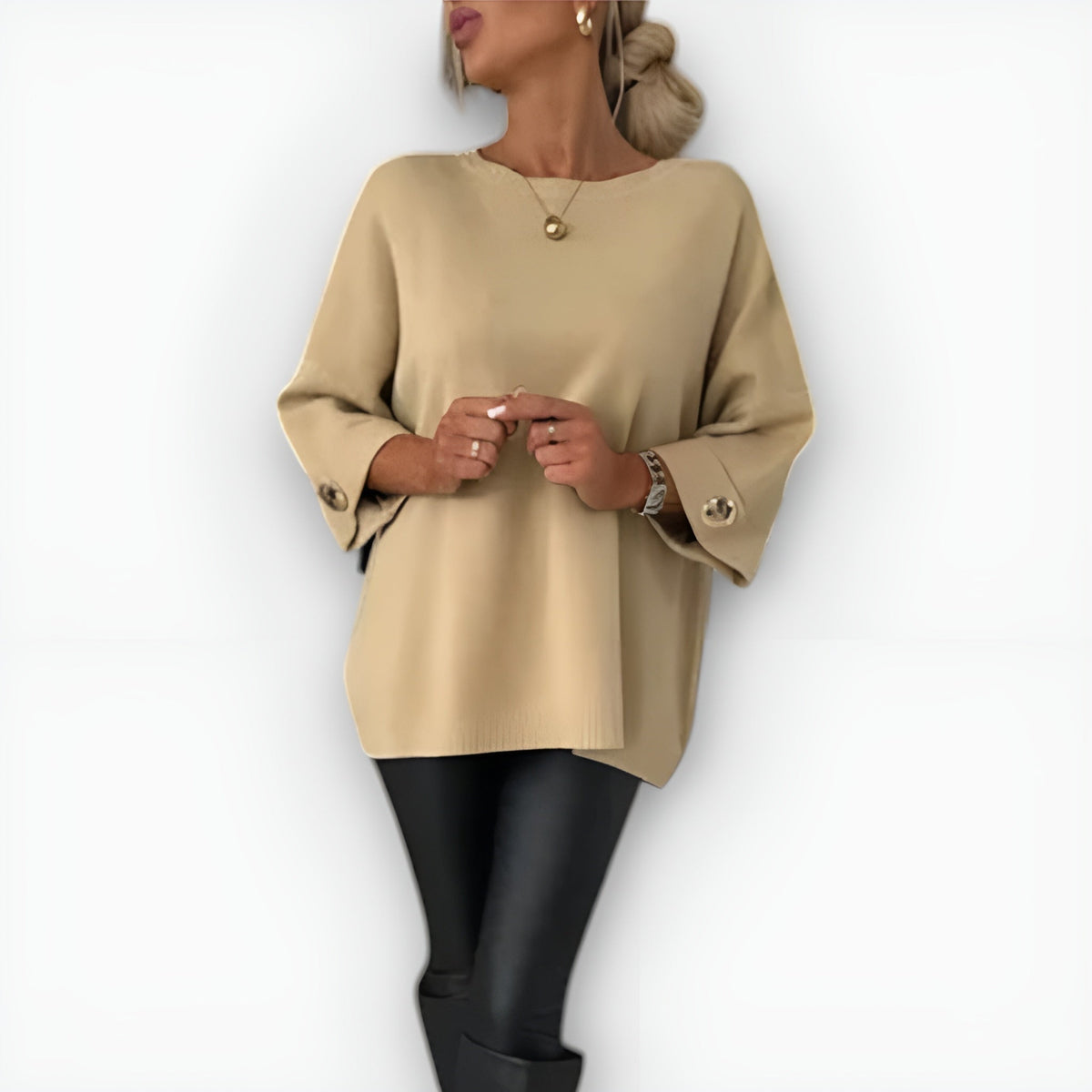 Oversized Round Neck Sweater with Three Quarter Sleeves and Button Cuffs
