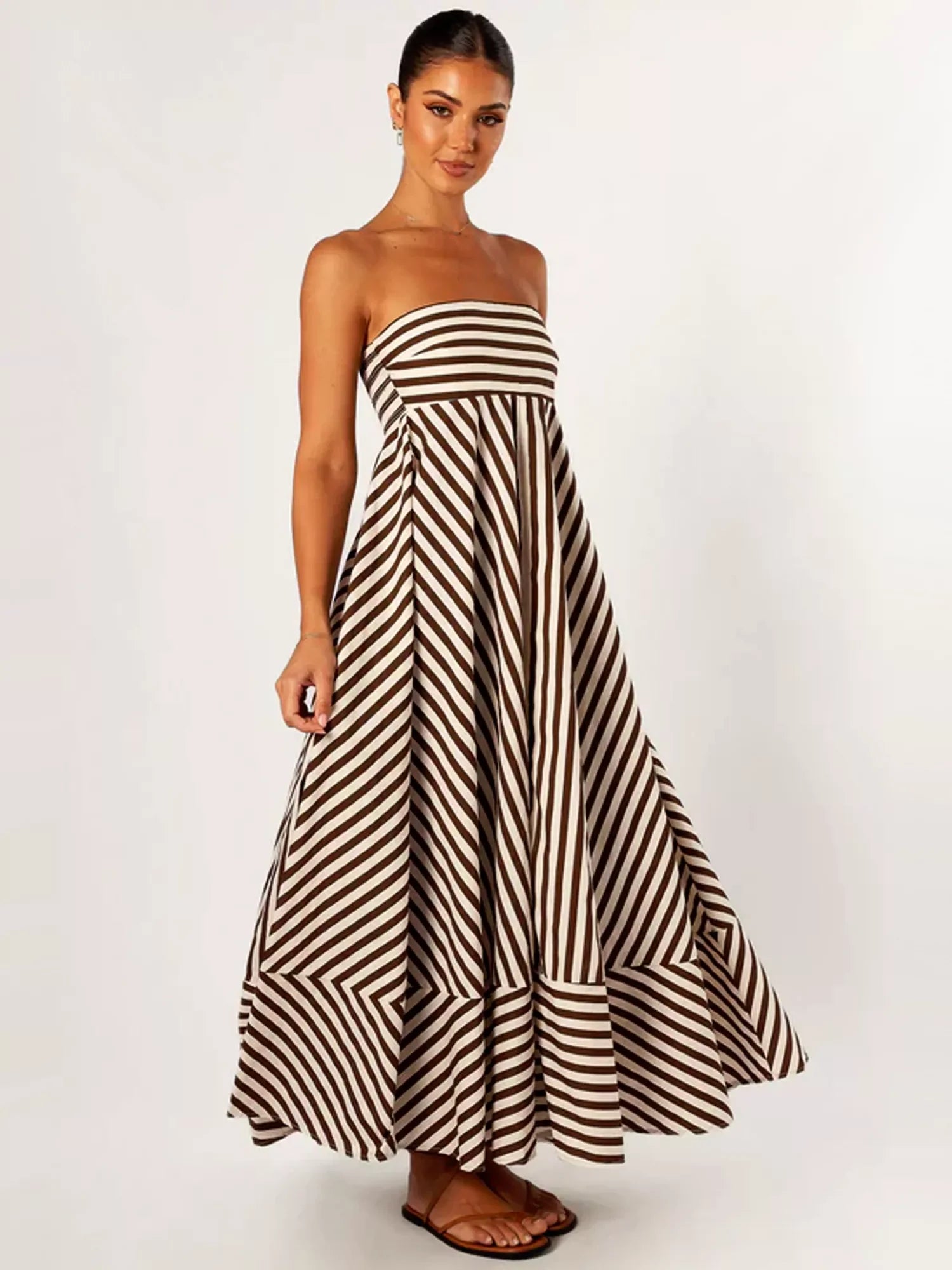 Women's Striped Strapless Bandeau Maxi Dress - Side Zip