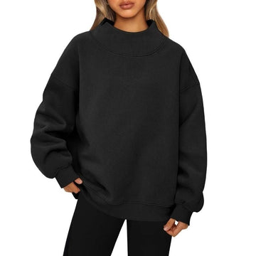 Women's Mock Neck Sweatshirt with Fleece Lining and Drop Shoulder Design, Asymmetric Slit