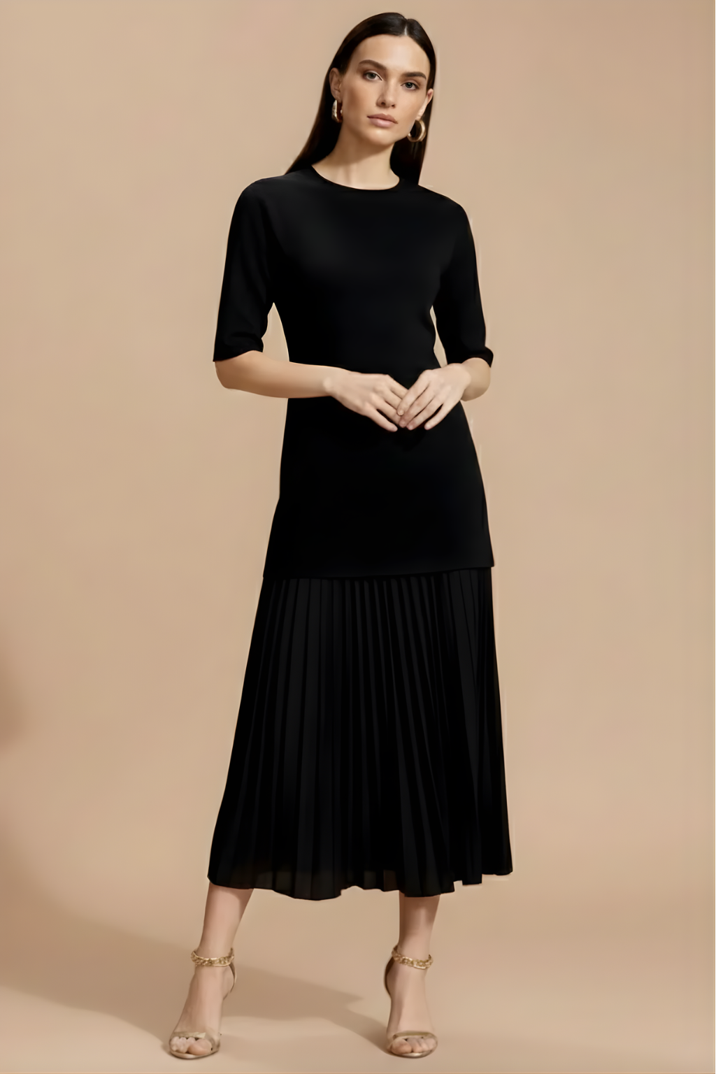 Women’s 3/4 Sleeve Pleated Midi Dress with Refined Knit Silhouette