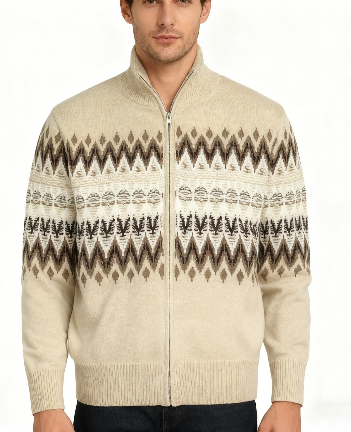 Thick Knit Cardigan with Full Zip and High Collar, Fair Isle Pattern