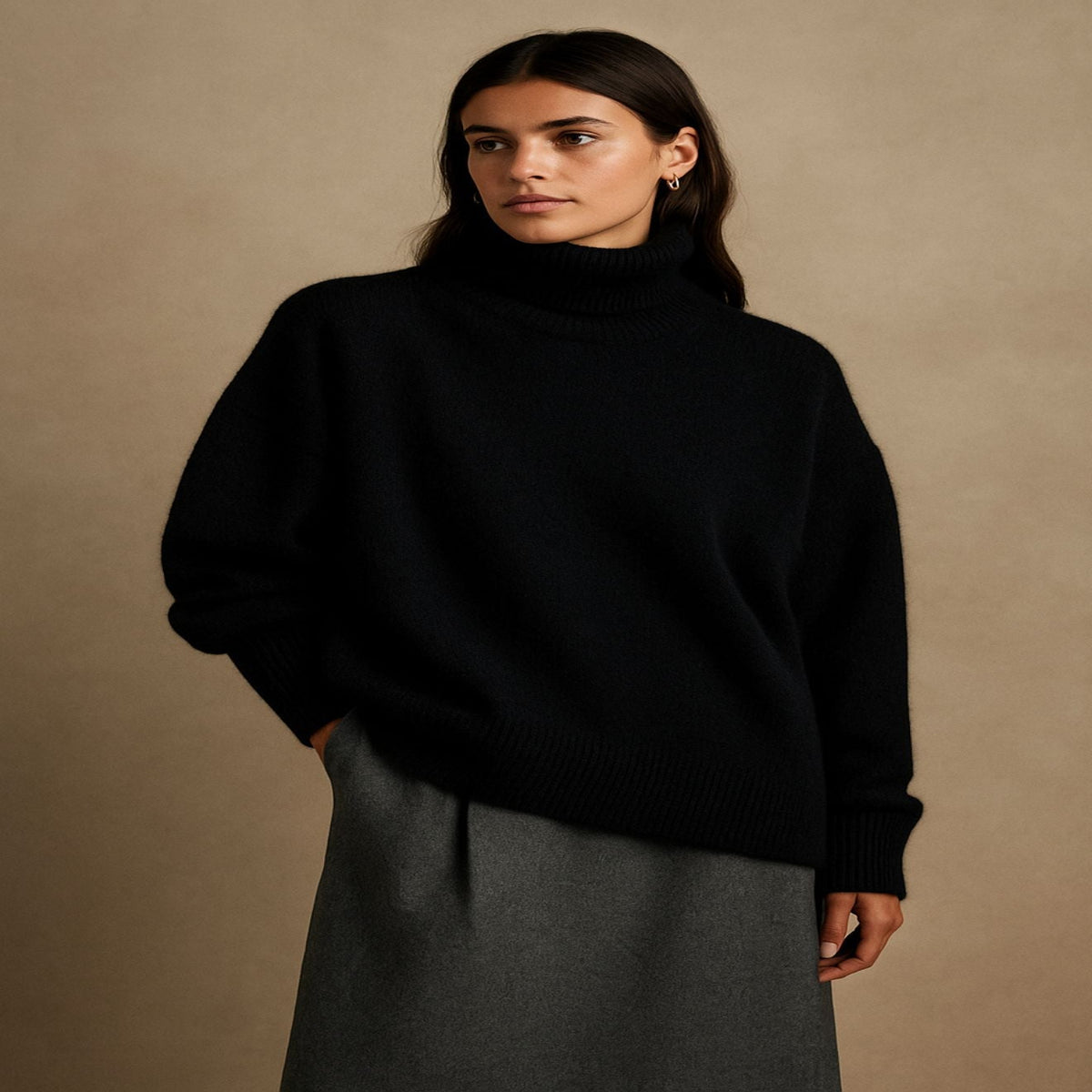 Women's Turtleneck Sweater with Relaxed Fit and Dropped Shoulders