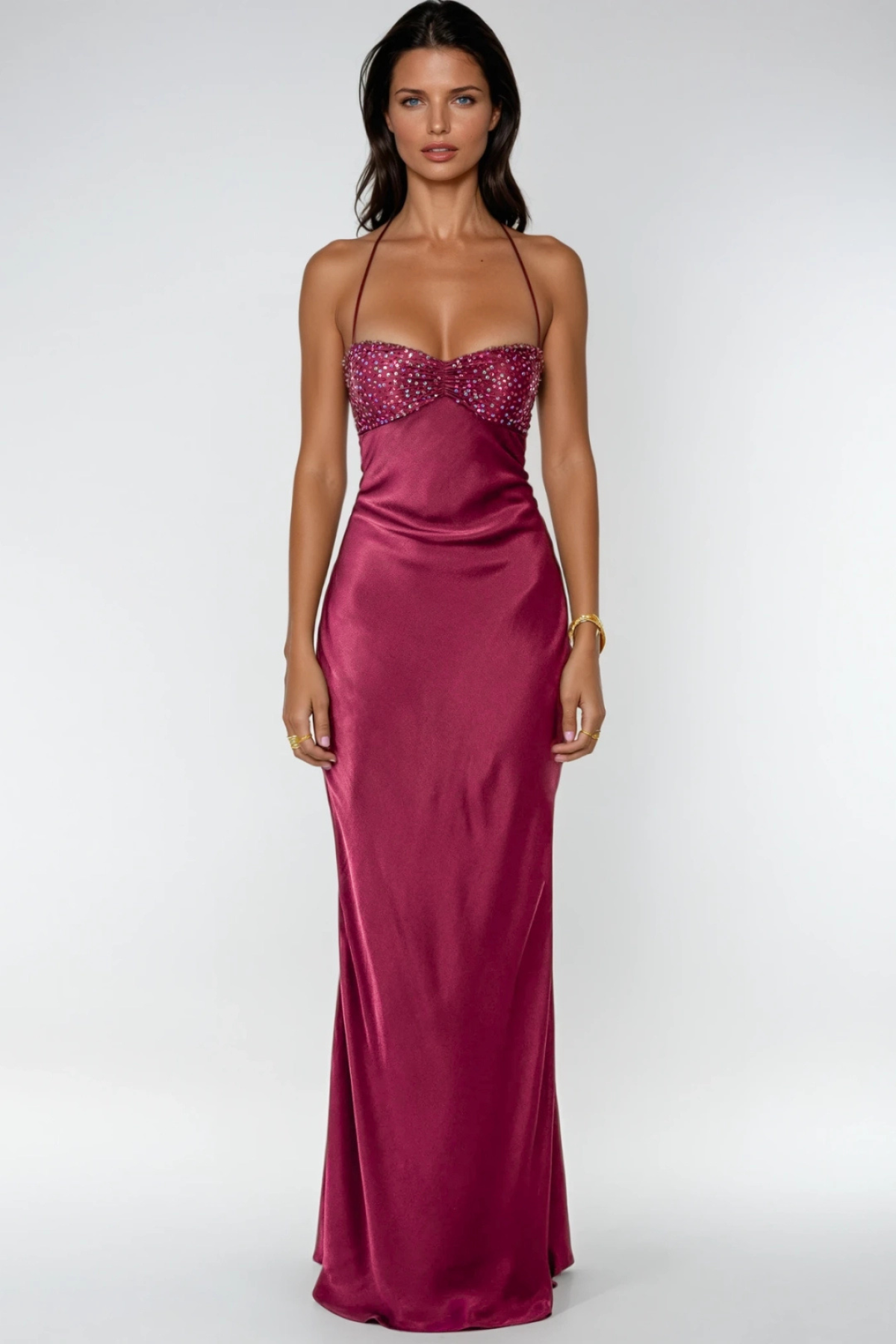 Women's Satin Maxi Dress Halter Neck Lace-Up Back