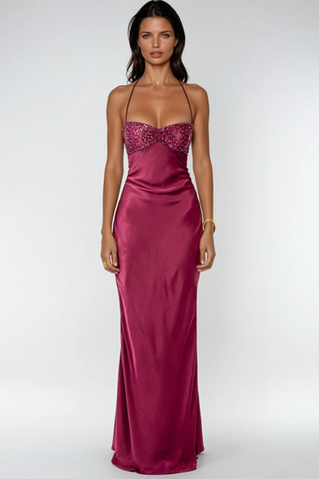 Women's Satin Maxi Dress Halter Neck Lace-Up Back
