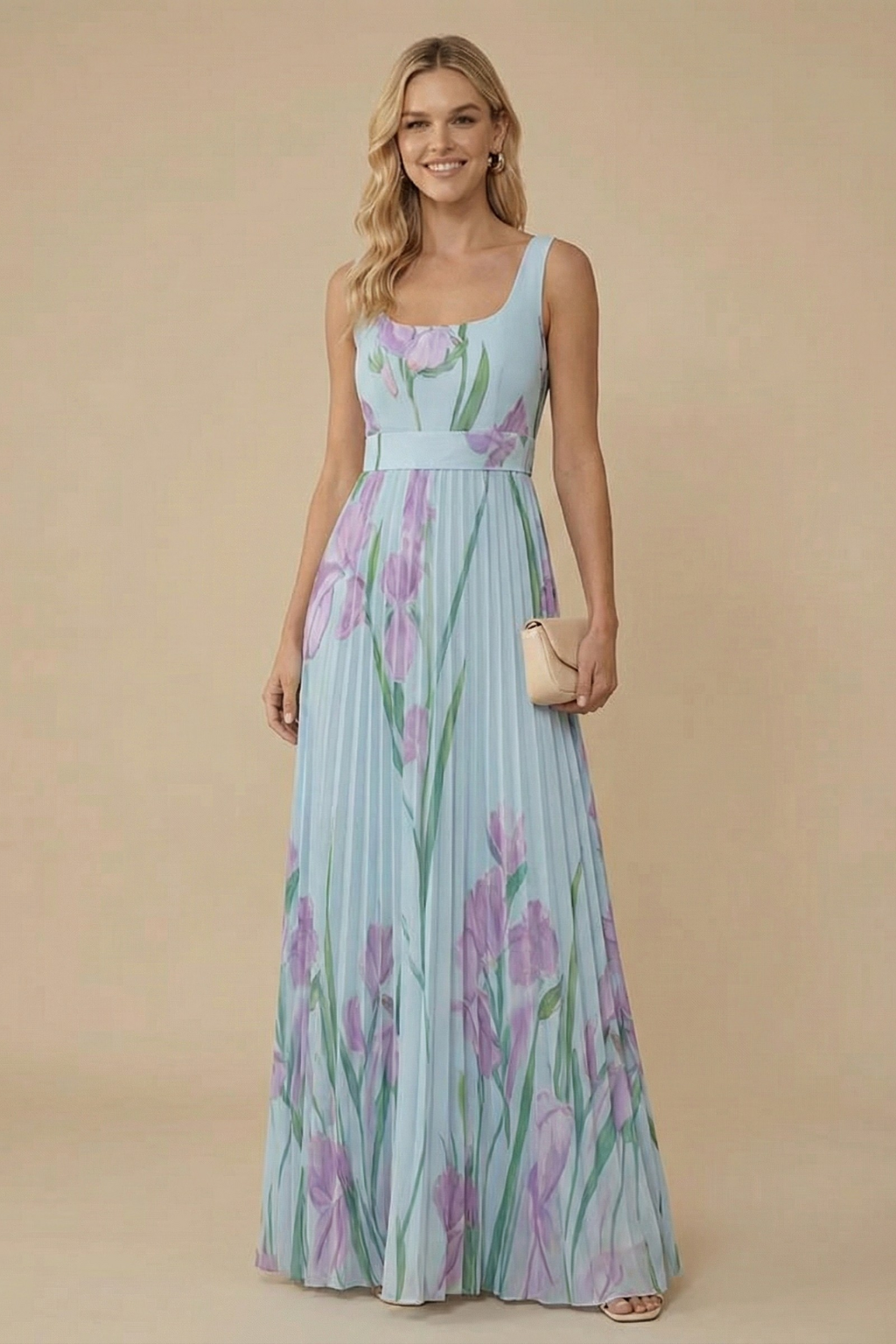 Women’s Elegant Sleeveless Floral Pleated Maxi Dress with Square Neckline