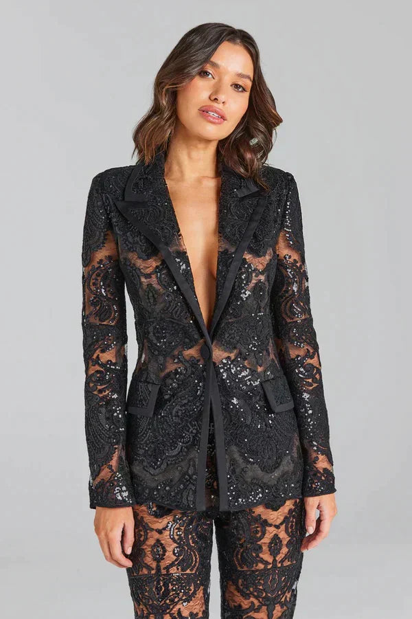 Women’s Elegant Lace Blazer and Flared Trousers Two Piece Set for Evening Wear