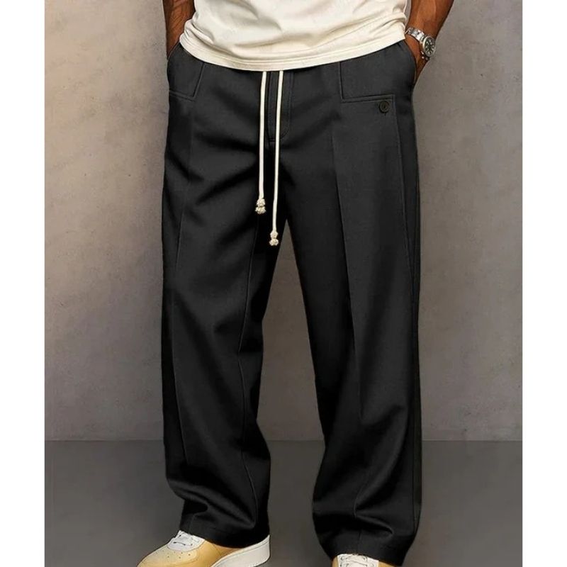 Cotton Blend Wide Leg Pants with Drawstring Waist and Deep Pockets