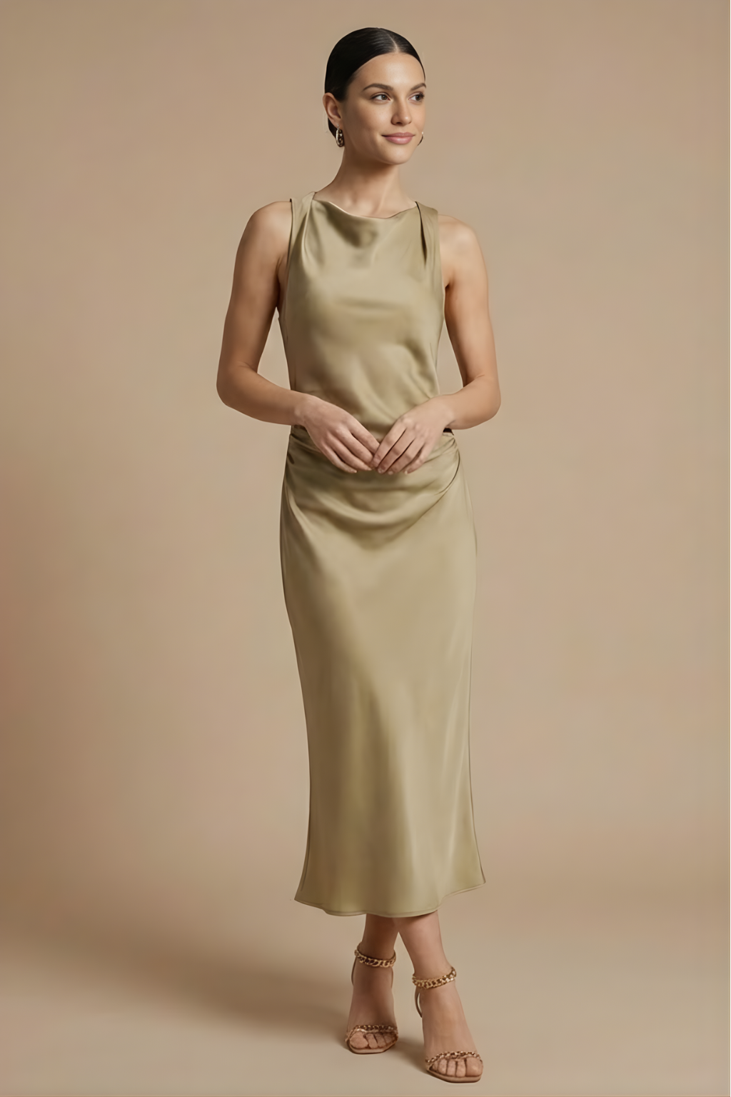 Women’s Elegant Sleeveless Midi Dress with Draped Neckline for Evening Occasions
