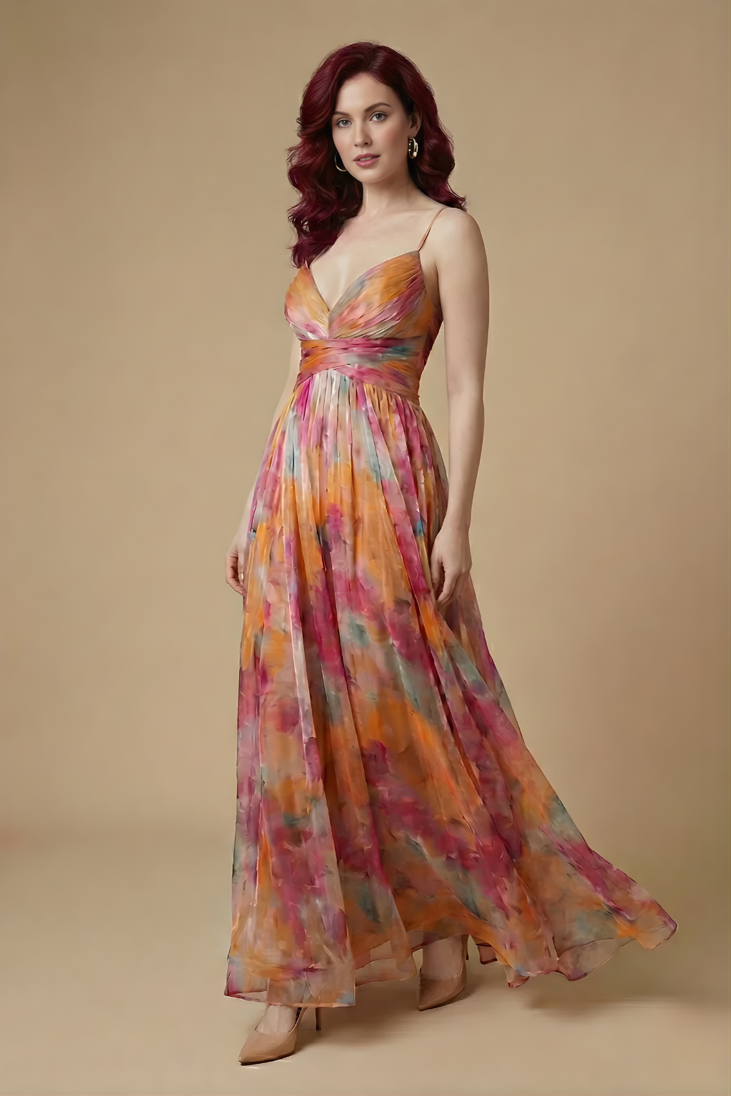 Women’s Elegant Floral Maxi Dress with V Neckline and Defined Waist