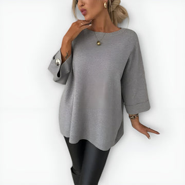 Oversized Round Neck Sweater with Three Quarter Sleeves and Button Cuffs