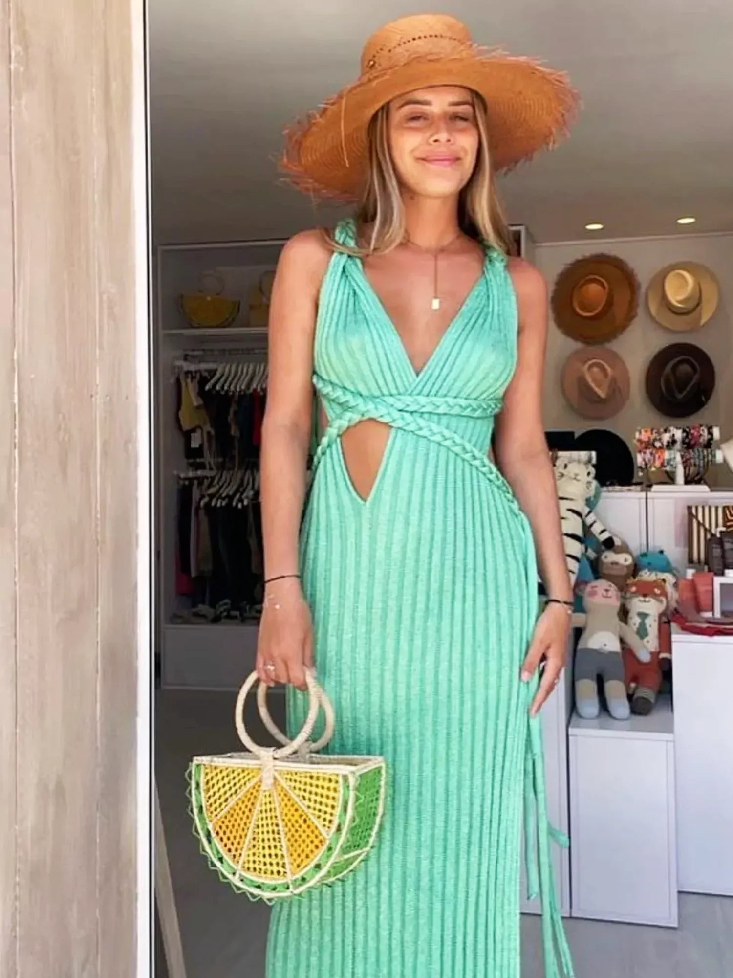 Women's Knit Cutout Waist Maxi Dress - Deep V-Neck Halter