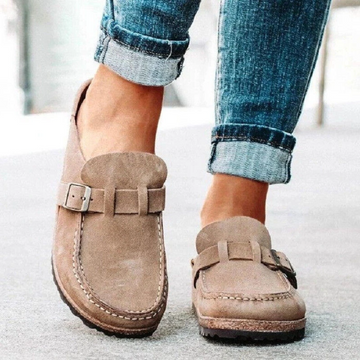 Women's Slip On Loafers with Metal Vamp Accent and Cushioned Footbed, Low Block Heel