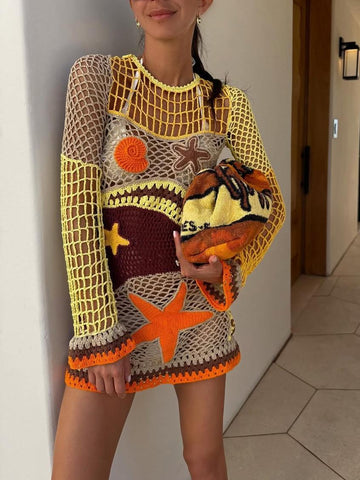 Women's Crochet Coral Reef Pattern Long Sleeve Round Neck Mini Dress
