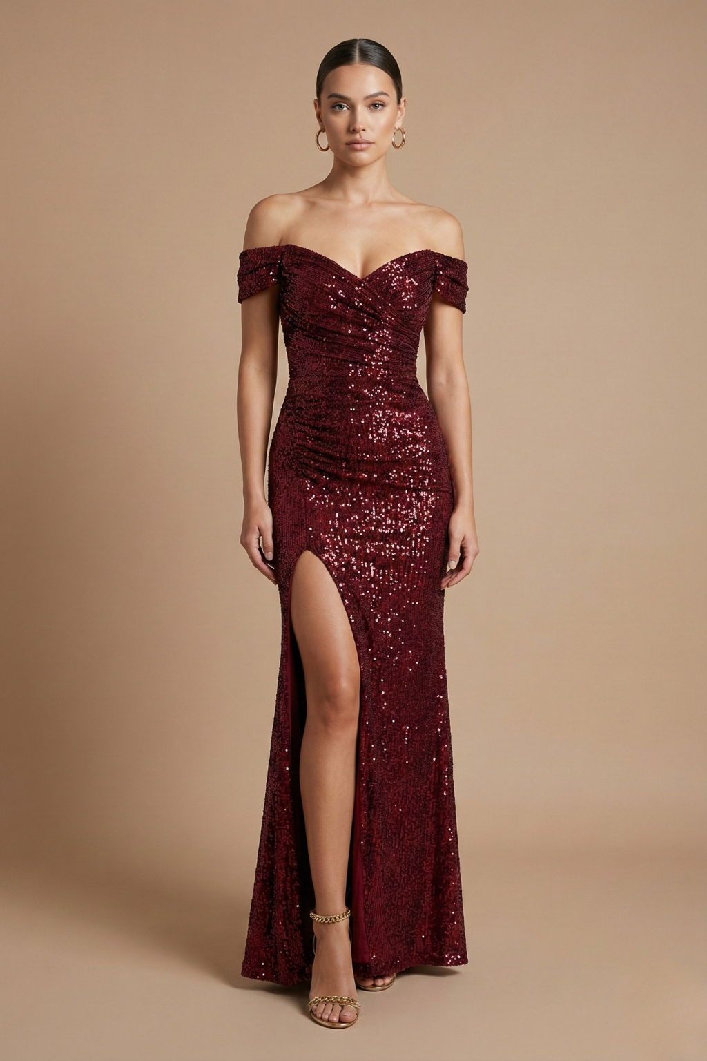Women’s Off Shoulder Sequin Maxi Dress with Thigh High Split