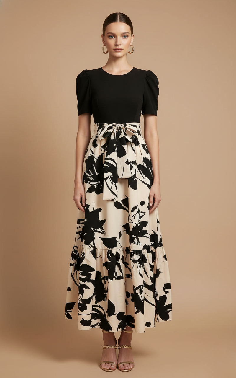 Women’s Bow-Tie Waist Maxi Dress - Short Sleeve Design - Tiered Skirt Silhouette - Elegant Occasion Dress