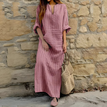 Women's Maxi Dress Cotton Linen V-Neck 3/4 Sleeve Ribbed Stripe