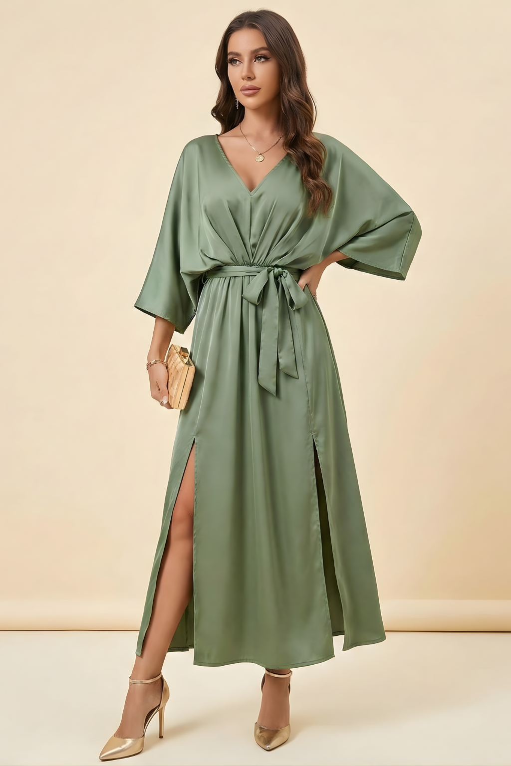 Women’s V-Neck Maxi Dress with Waist Tie and Kimono Sleeves – Occasion Wrap-Style Dress