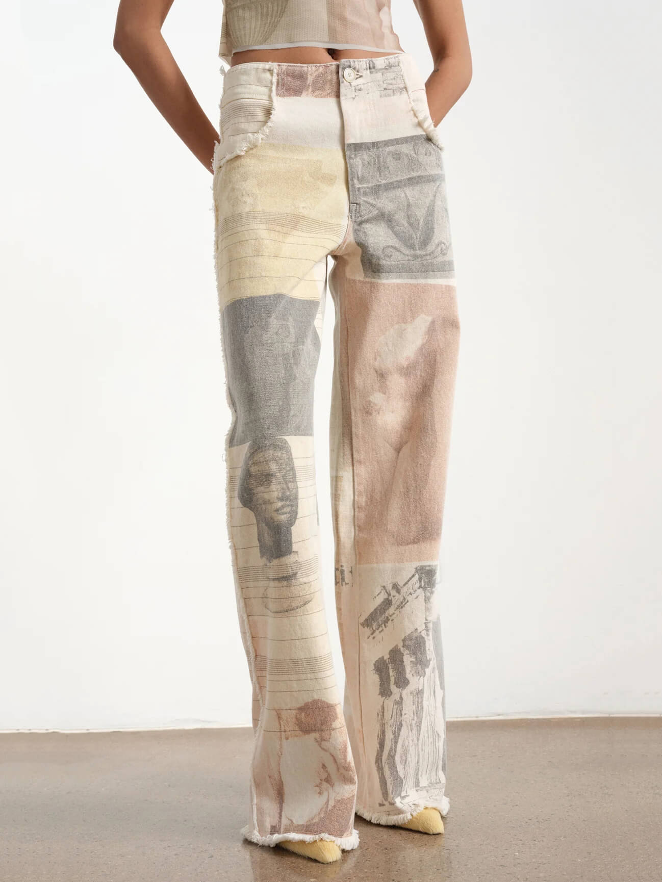 Women's Patchwork Print Wide Leg Jeans - High Rise Button Closure