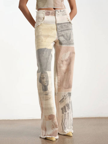 Women's Patchwork Print Wide Leg Jeans - High Rise Button Closure