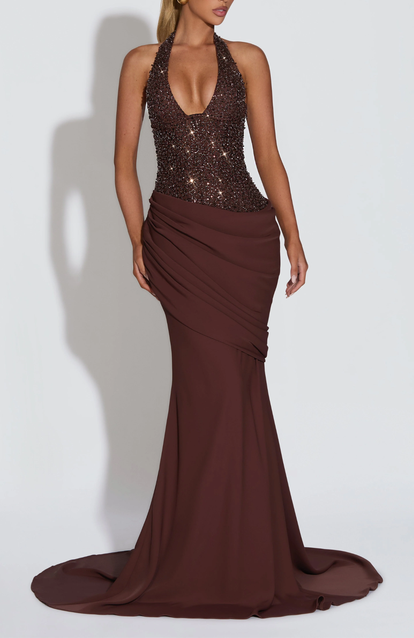 Women’s Maxi Dress with Sequin Bodice and Draped Skirt – Evening Formal Style