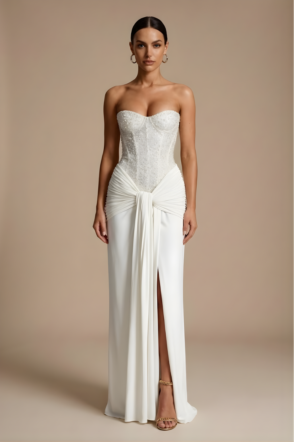 Women’s Strapless Off Shoulder Glitter Maxi Dress with Sculpted Silhouette