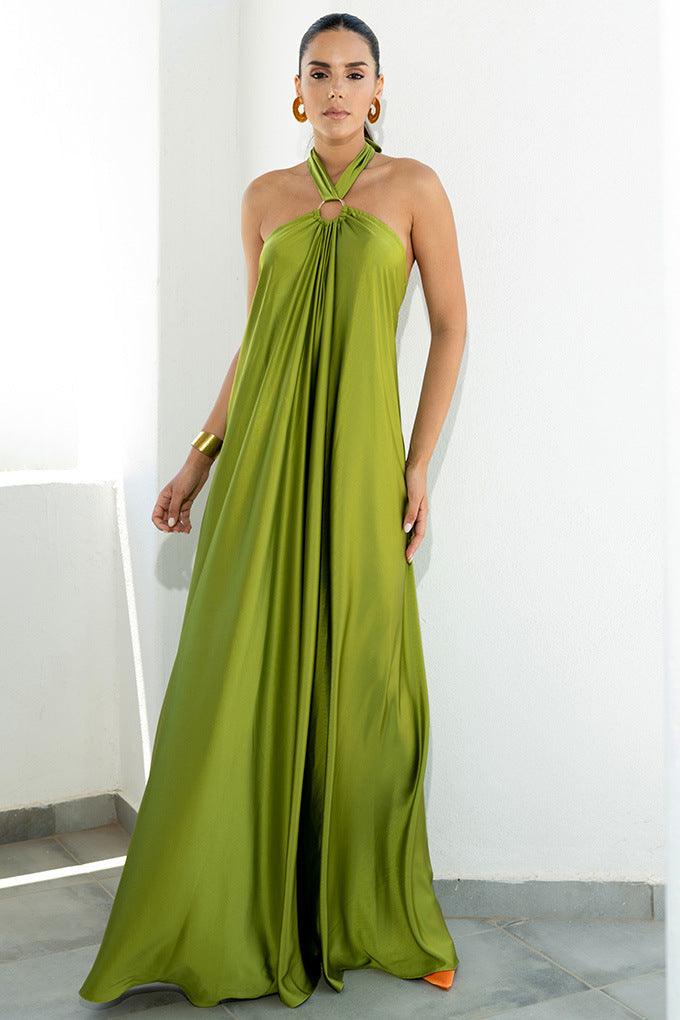 Women's Satin Halter Neck Sleeveless Maxi Dress - Open Back