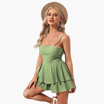 Women's Square Neck Mini Dress - Spaghetti Strap - Tiered Ruffle Skirt
