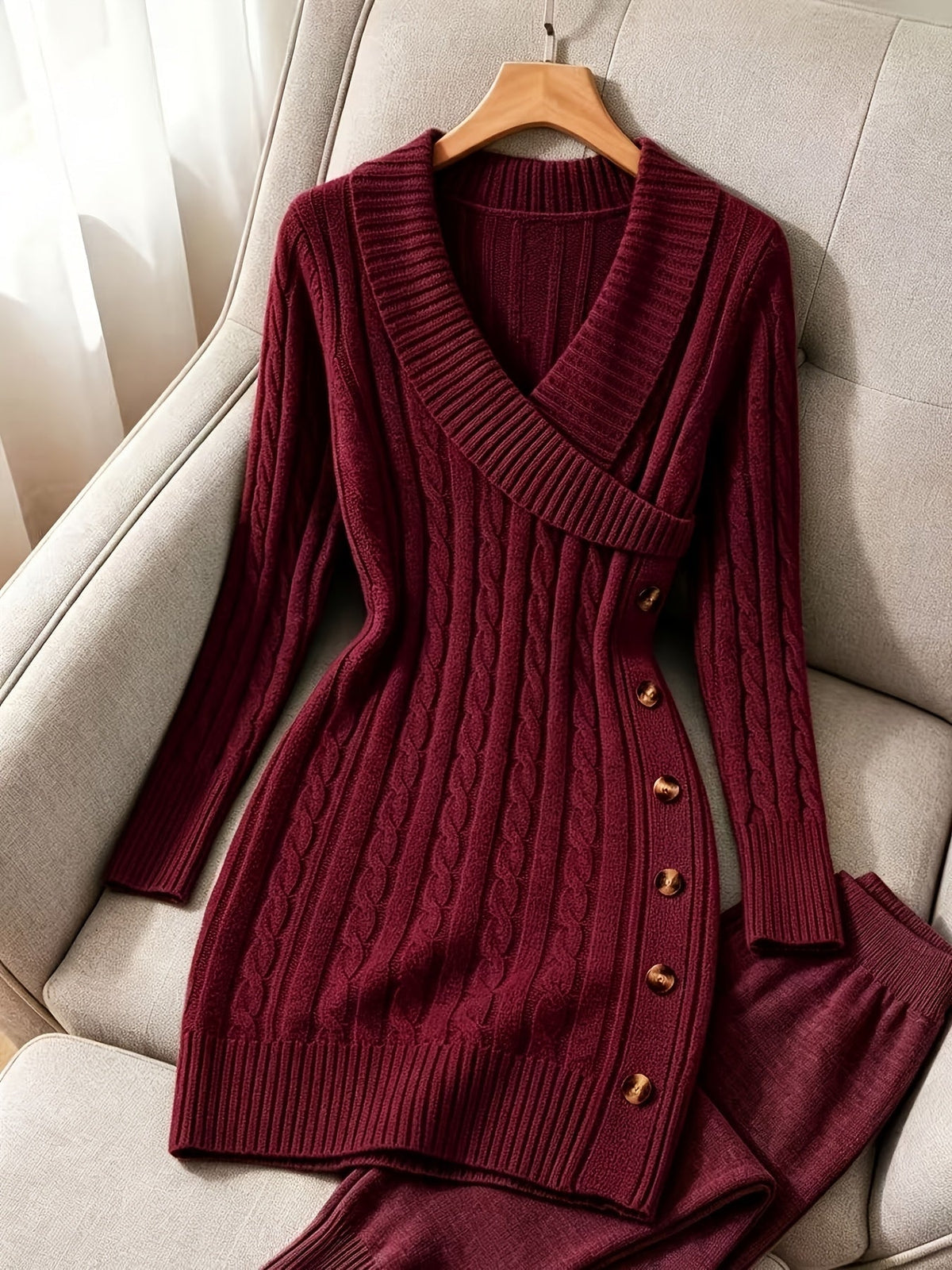 Knee Length Cable Knit Dress with Crossover V Neckline and Functional Side Buttons