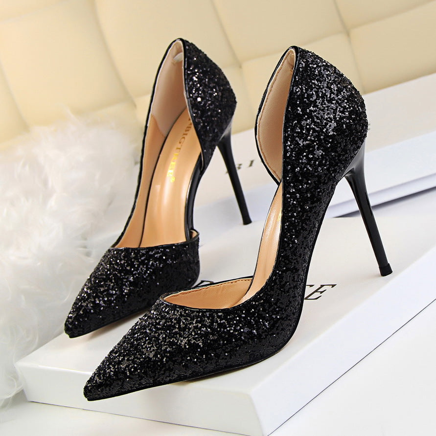 Women's Glitter Stiletto Heels - Pointed Toe - D'Orsay Cut - Slip On