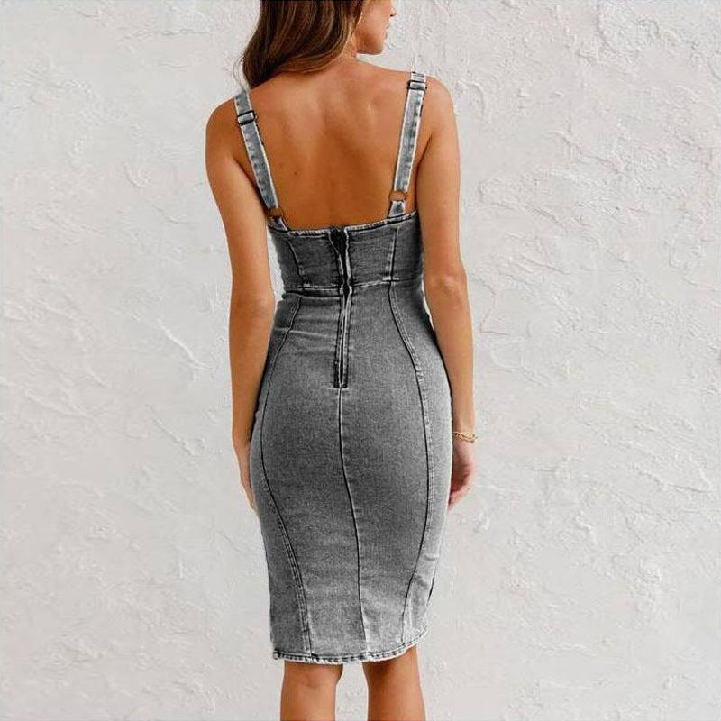Damen ärmelloses, figurbetontes Denim-Midikleid mit Frontschlitz