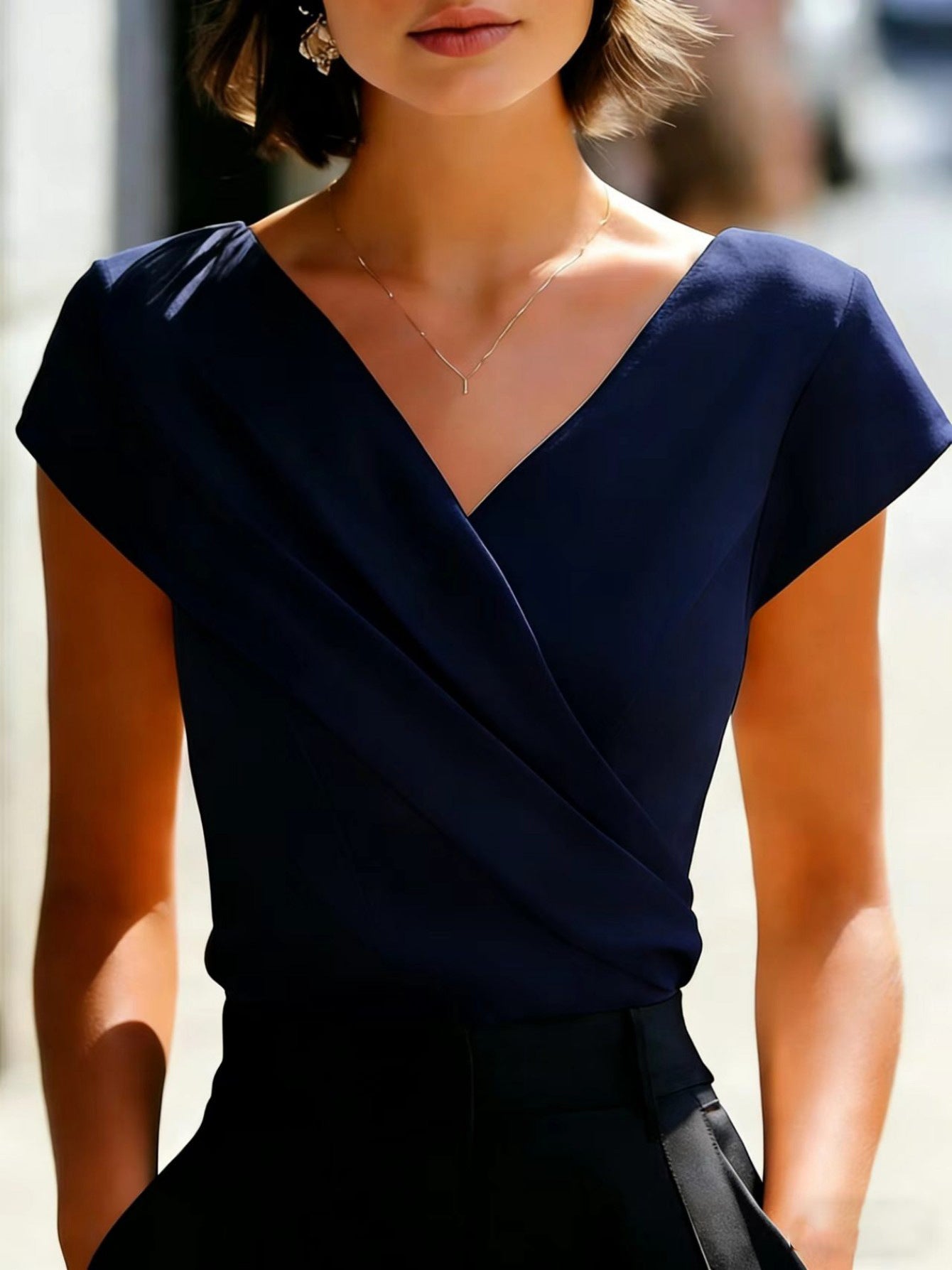 Women's V-Neck Cap Sleeve Crossover Draped Wrap Blouse