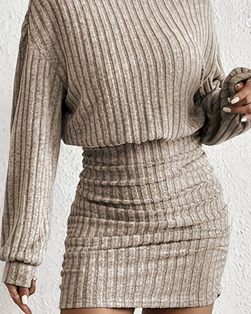 Stretch Ribbed Pullover Dress with Ruched Waist and Long Sleeves