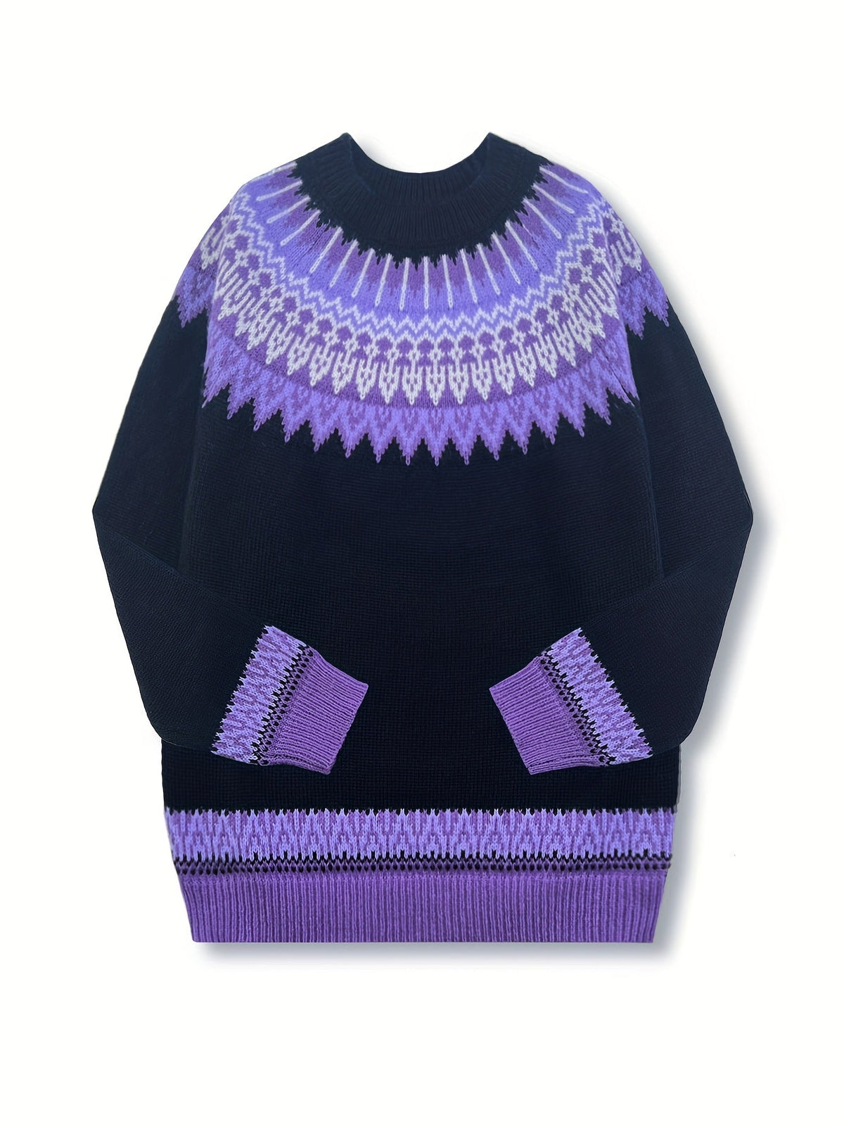 Chunky Knit Sweater with Jacquard Weave Pattern and Round Neck, Hip Length