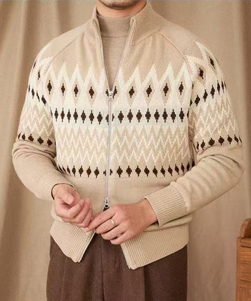 Thick Knit Cardigan with Full Zip and High Collar, Fair Isle Pattern